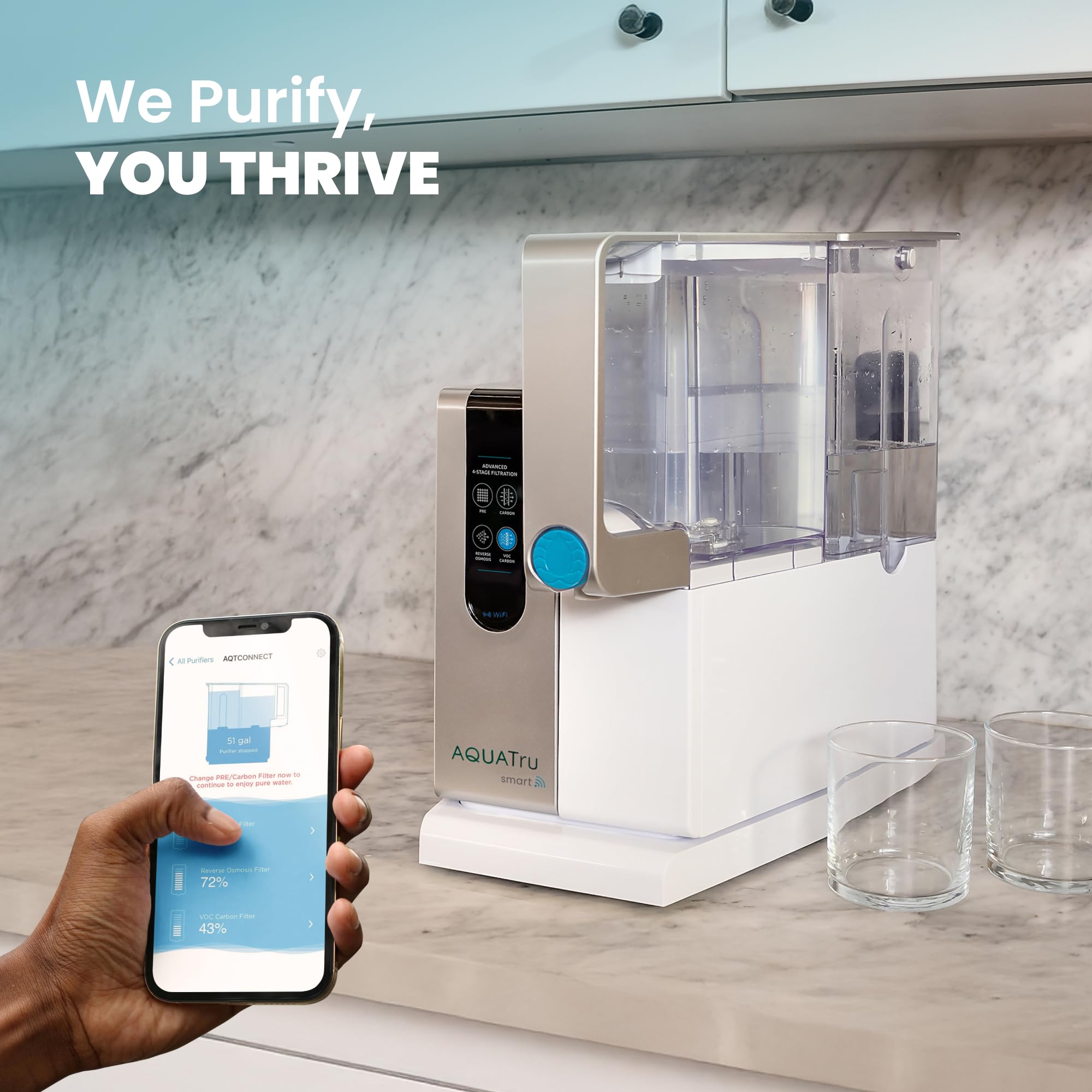 AquaTru eco-friendly design reduces plastic bottle waste with each filter set.