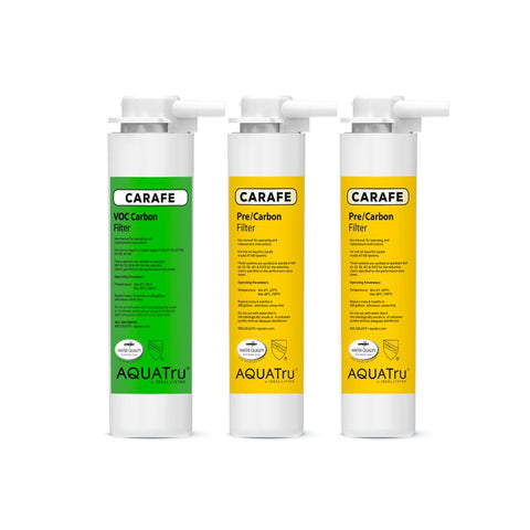 AQUA TRU carafe filter pack front view with two pre-filters and VOC filter