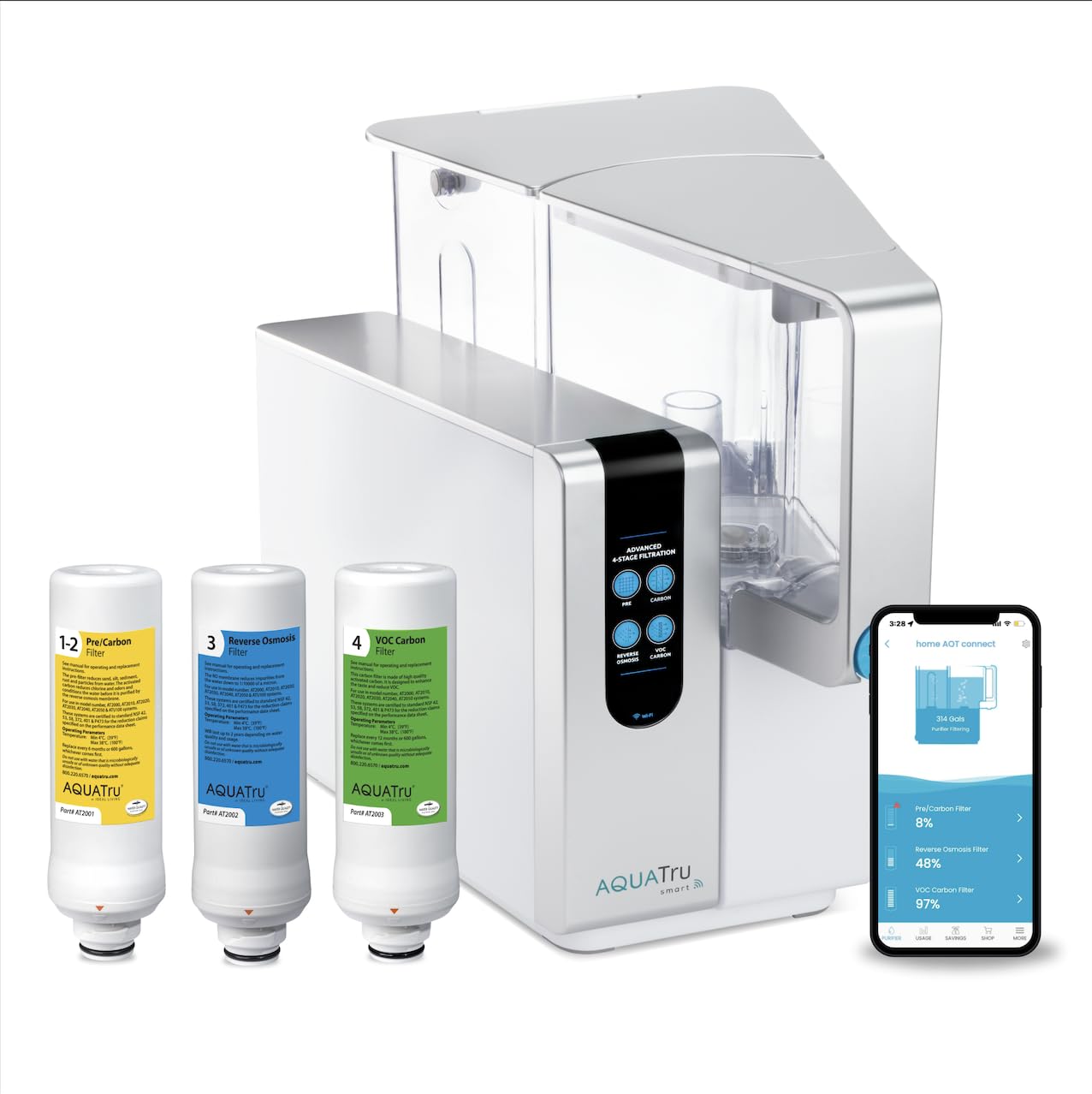 AquaTru Classic front view of the compact countertop purifier delivering purified water