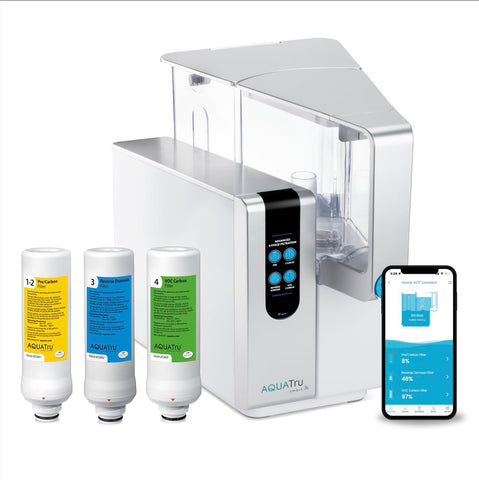 AquaTru Classic front view of the compact countertop purifier delivering purified water