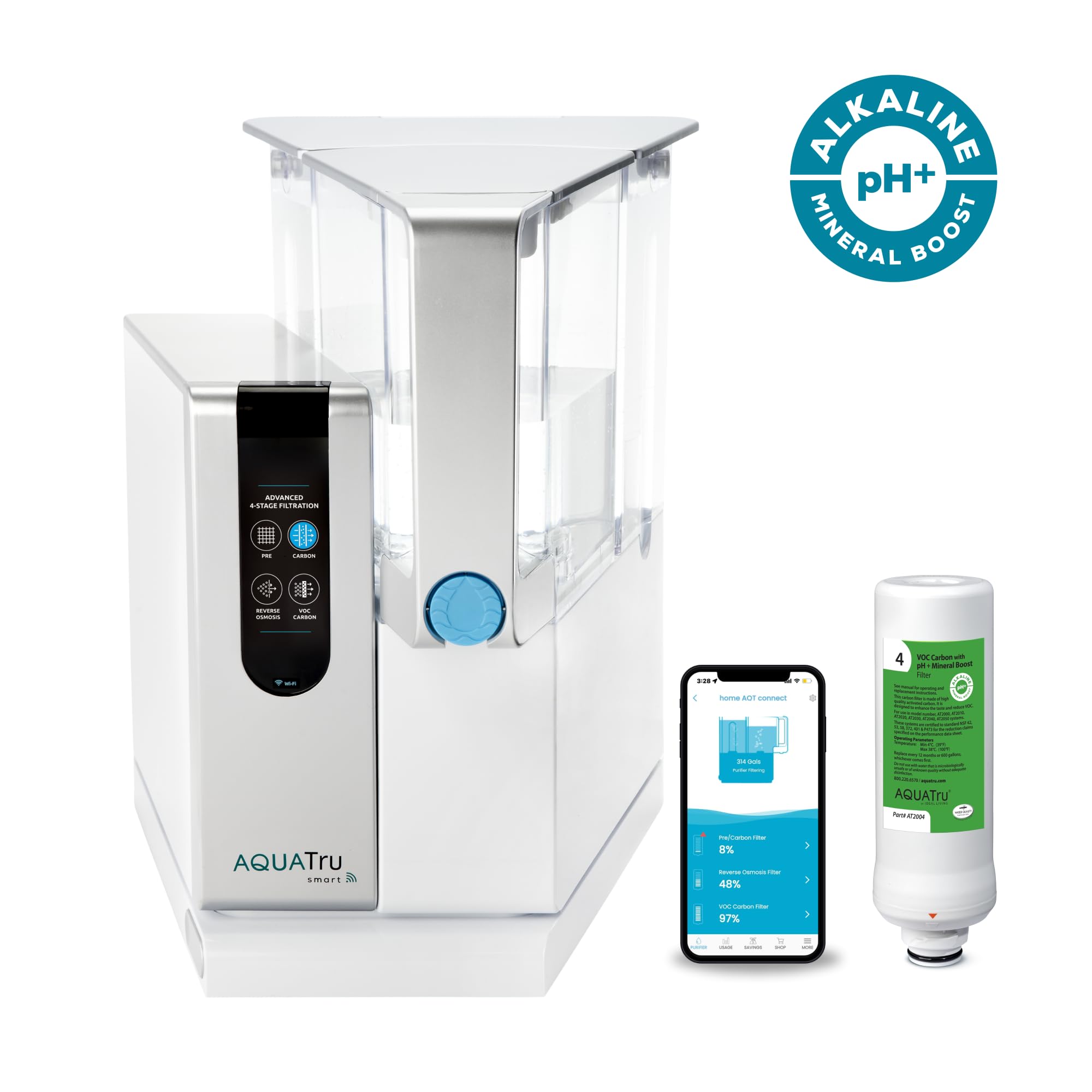 AquaTru alkaline mineral boost cartridge adds calcium and magnesium for smoother taste.