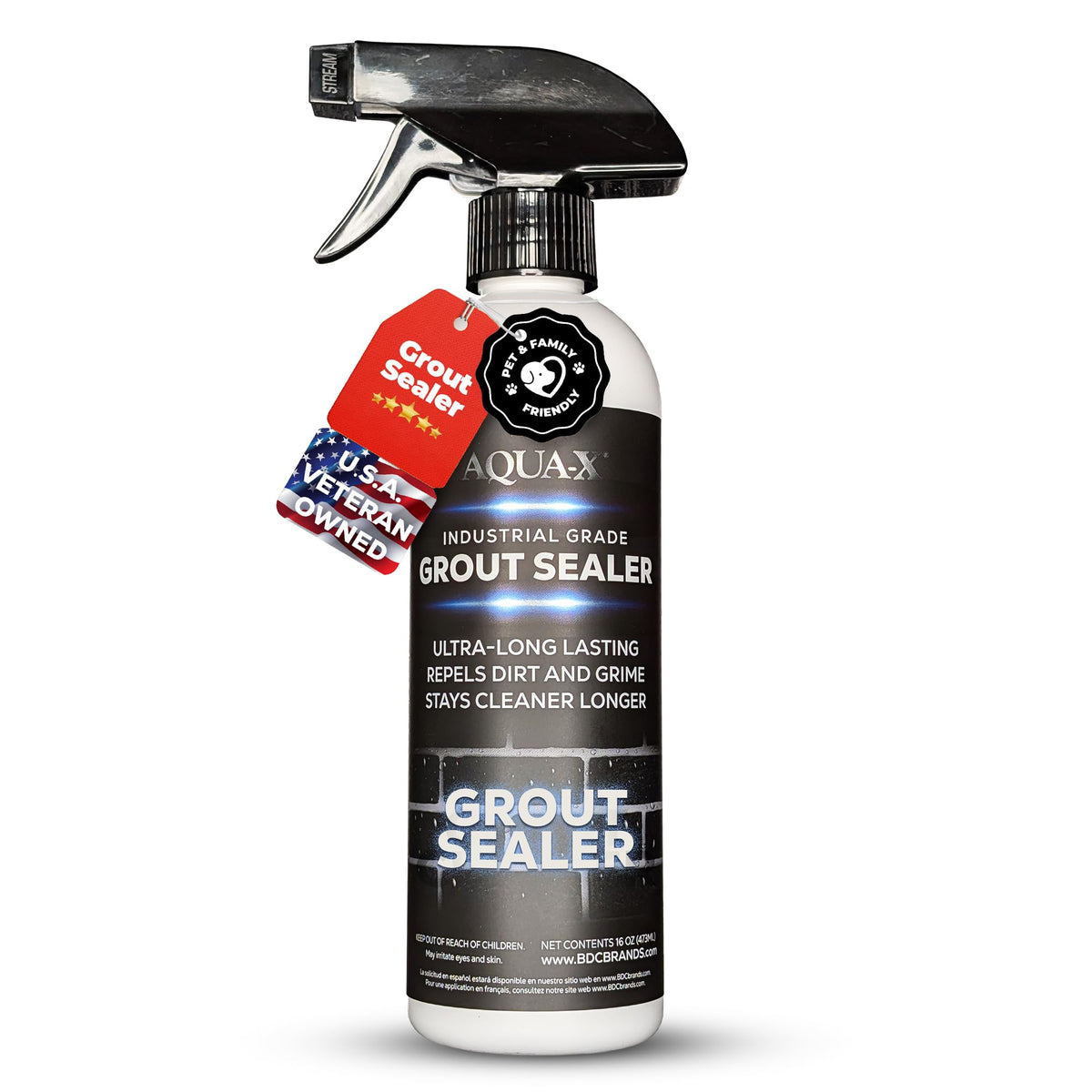 AQUA-X grout sealer bottle front showing clear, natural finish and protection.