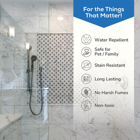 AQUA-X grout sealer applying with spray showing fast drying and efficient coverage.