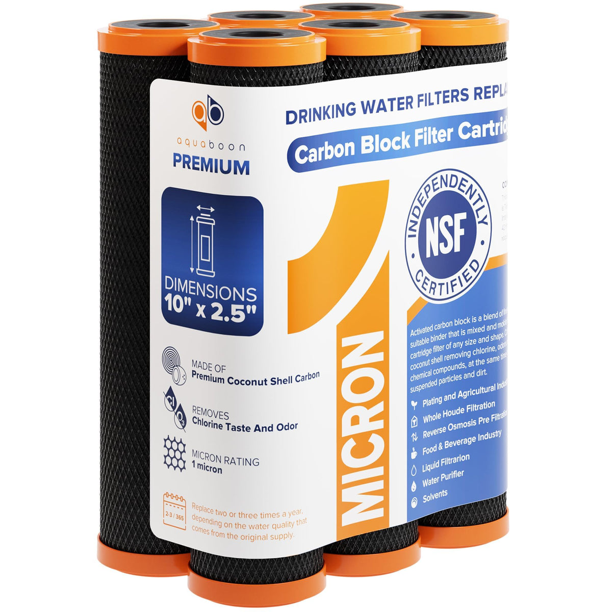 Aquaboon 1-micron carbon filter front view; compact and install-friendly.