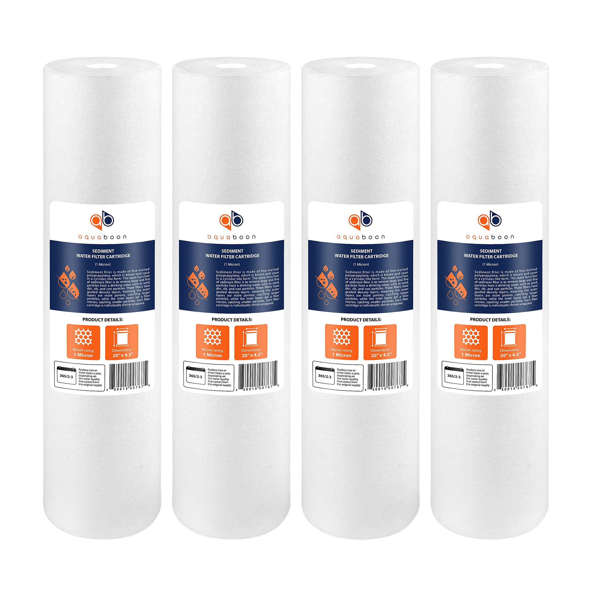 Aquaboon 1-micron sediment filter 20x4.5 captures fine particles for clearer water.