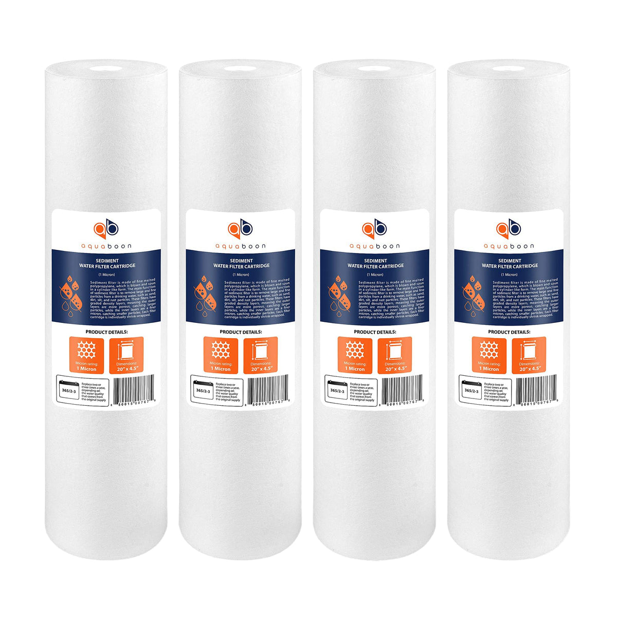 Aquaboon 1-micron sediment filter 20x4.5 captures fine particles for clearer water.