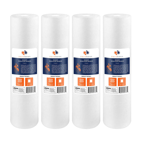 Aquaboon 1-micron sediment filter 20x4.5 captures fine particles for clearer water.