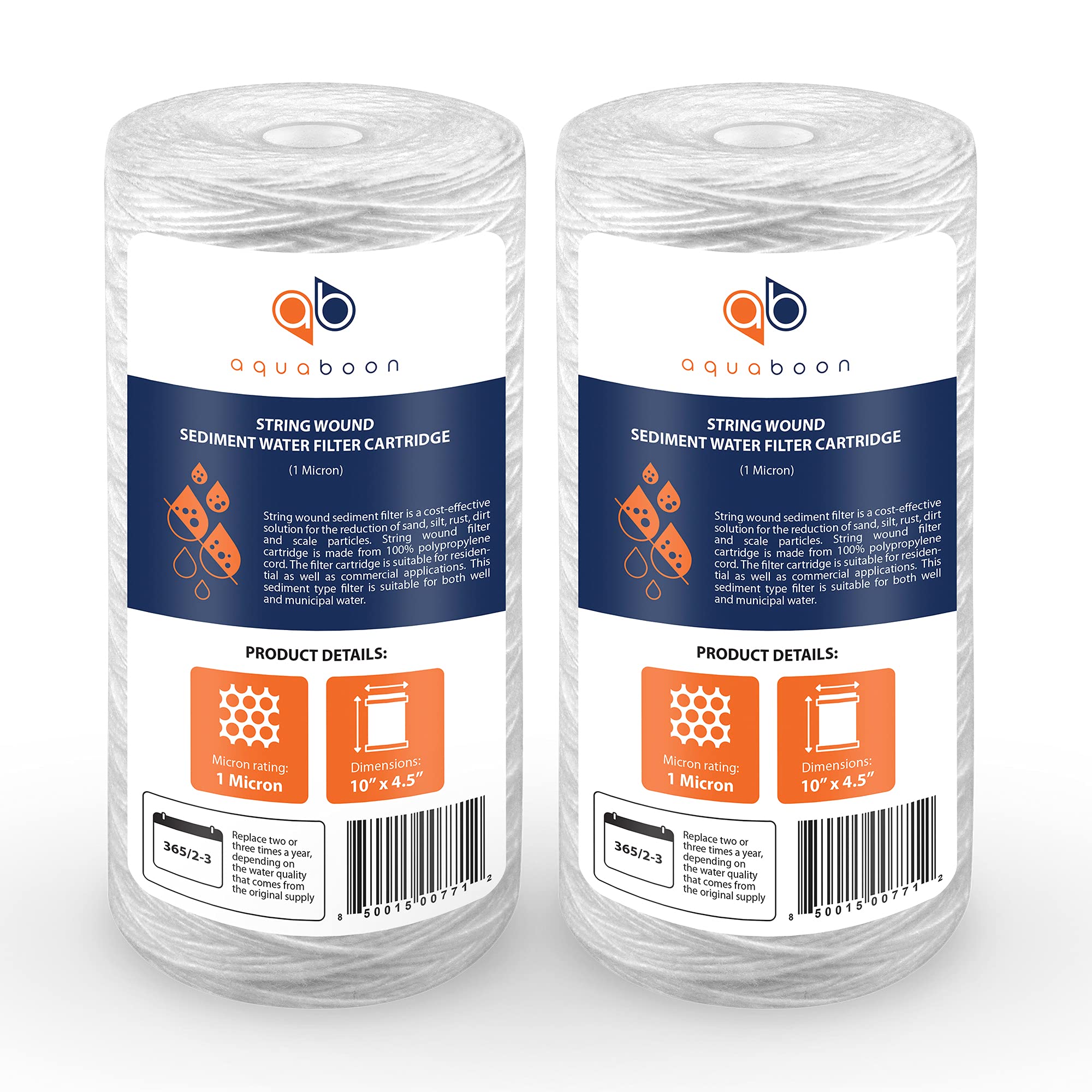 Aquaboon 1 micron string-wound filter 10x4.5 in-pack for reliable whole-house filtration.