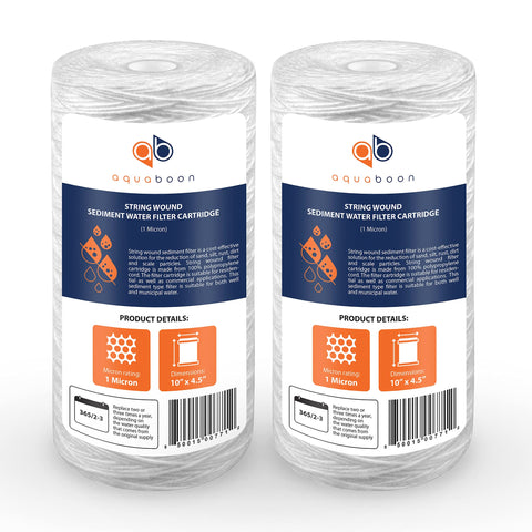 Aquaboon 1 micron string-wound filter 10x4.5 in-pack for reliable whole-house filtration.