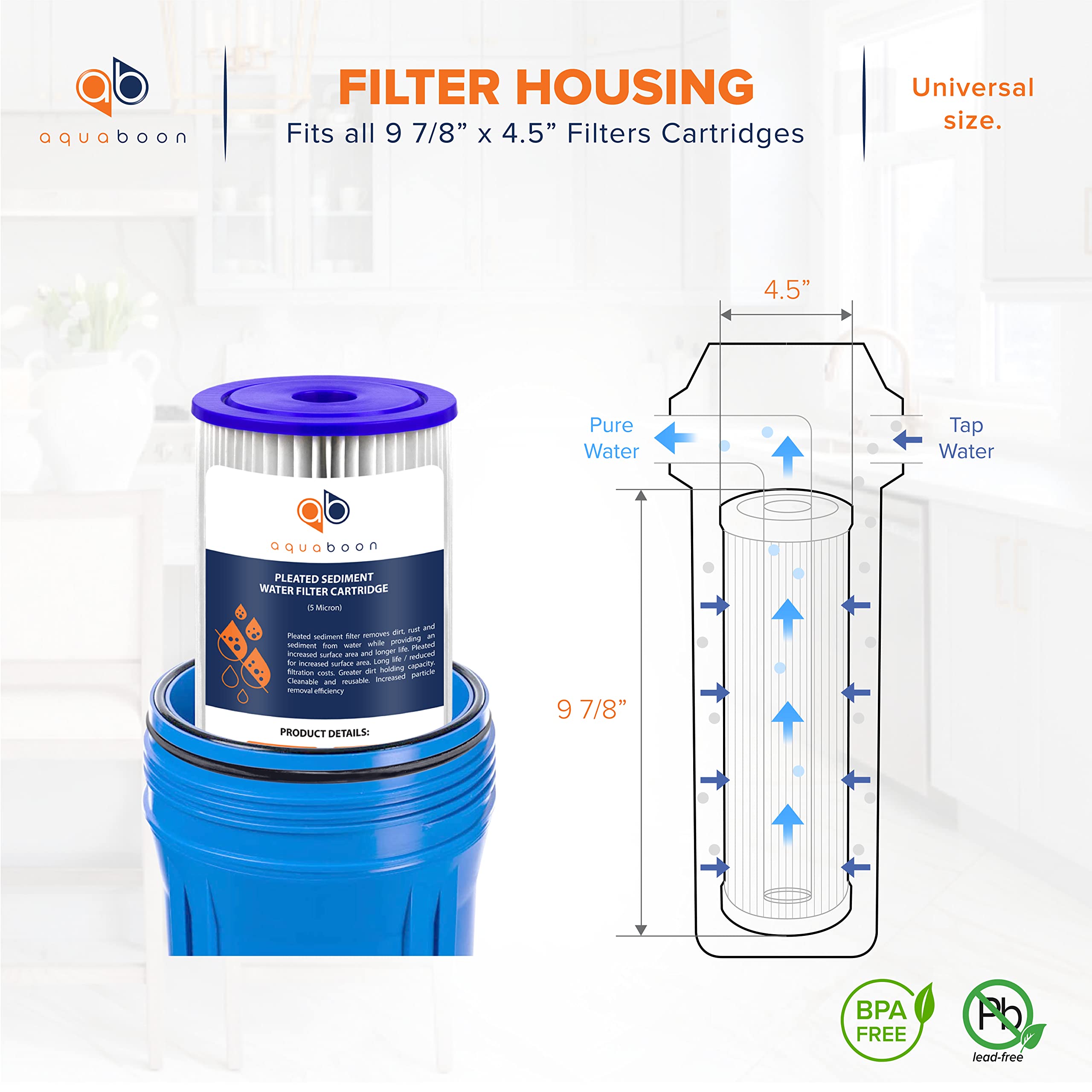 Aquaboon 10x4.5 inch cartridge in housing ready for whole-house filtration