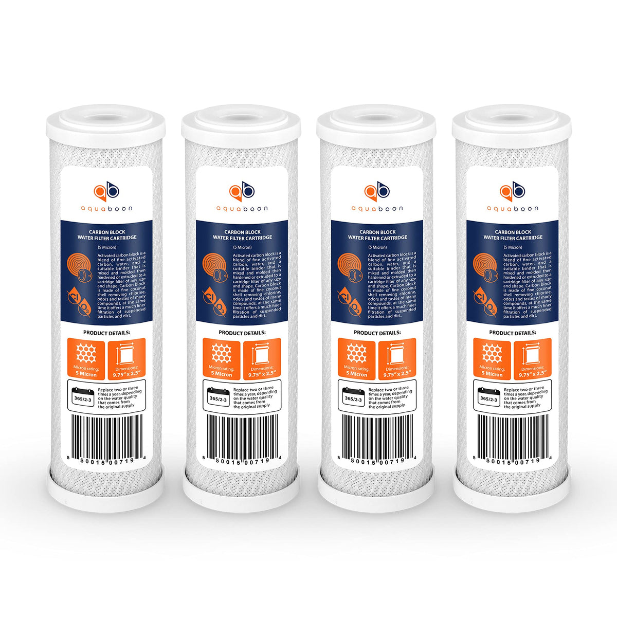 Aquaboon 5-micron carbon-block filter close-up improves taste by reducing chlorine.