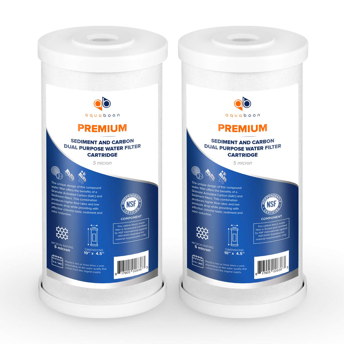 Aquaboon 5-micron 10x4-5 replacement cartridge delivering cleaner, safer tap water.