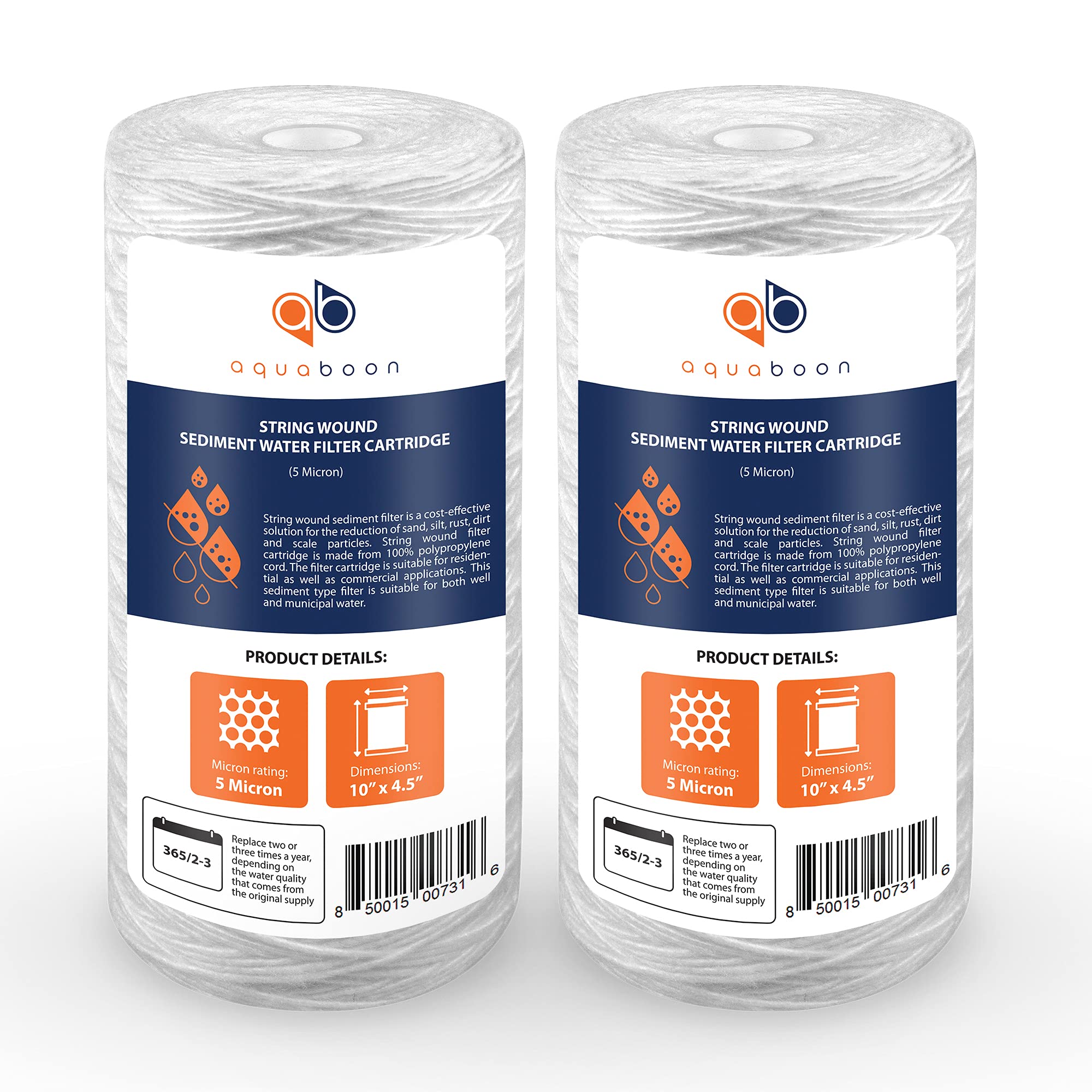 Aquaboon 5 micron filter, 10x4.5 inch assembly, improves water clarity and protects plumbing.