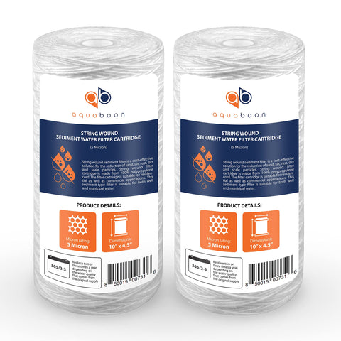 Aquaboon 5 micron filter, 10x4.5 inch assembly, improves water clarity and protects plumbing.