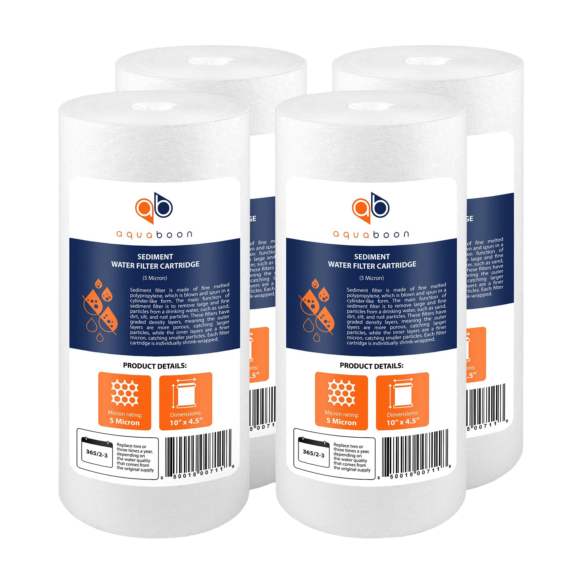 Aquaboon 5-micron sediment filter, front view, compact 10x4.5 in design for well water filtration