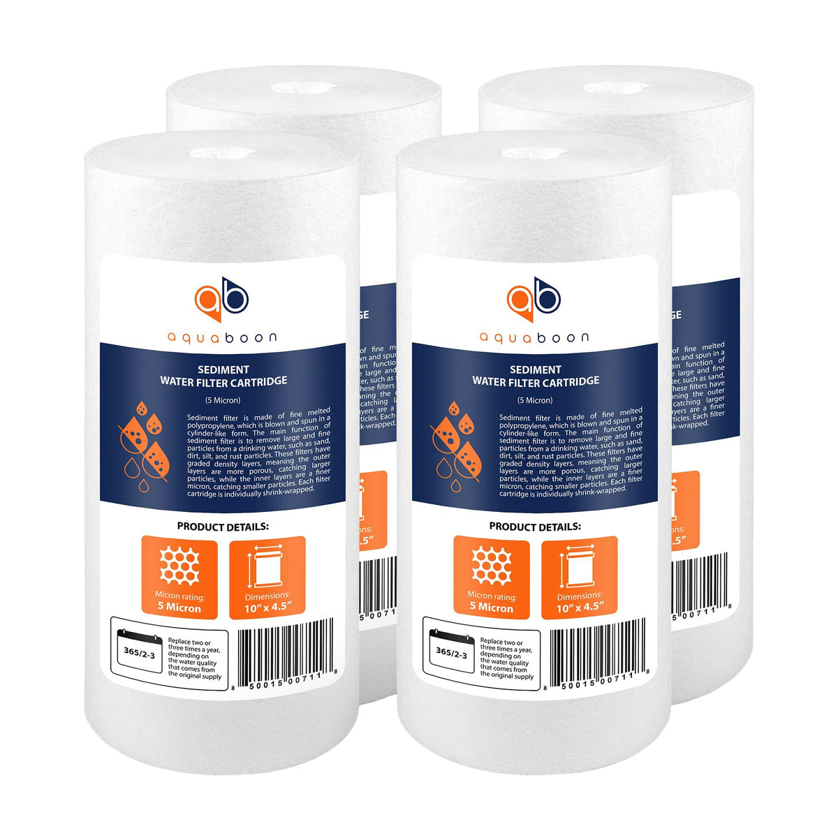 Aquaboon 5-micron sediment filter, front view, compact 10x4.5 in design for well water filtration