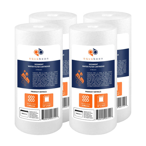 Aquaboon 5-micron sediment filter, front view, compact 10x4.5 in design for well water filtration