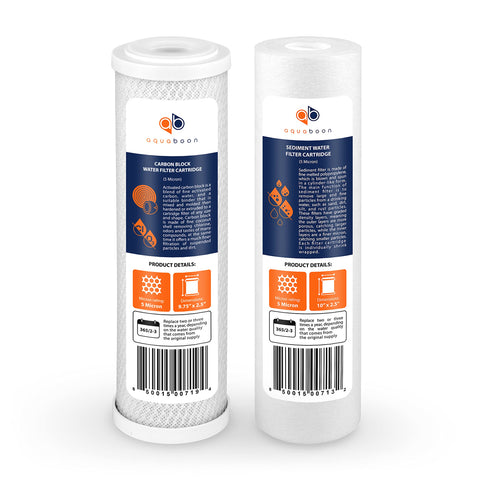 Aquaboon filter set with 5 micron sediment and carbon cartridges for whole-house filtration.