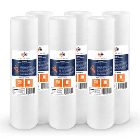 Aquaboon 5-micron sediment filter 20x4.5 demonstrates durable inlet-outlet construction for clear water.
