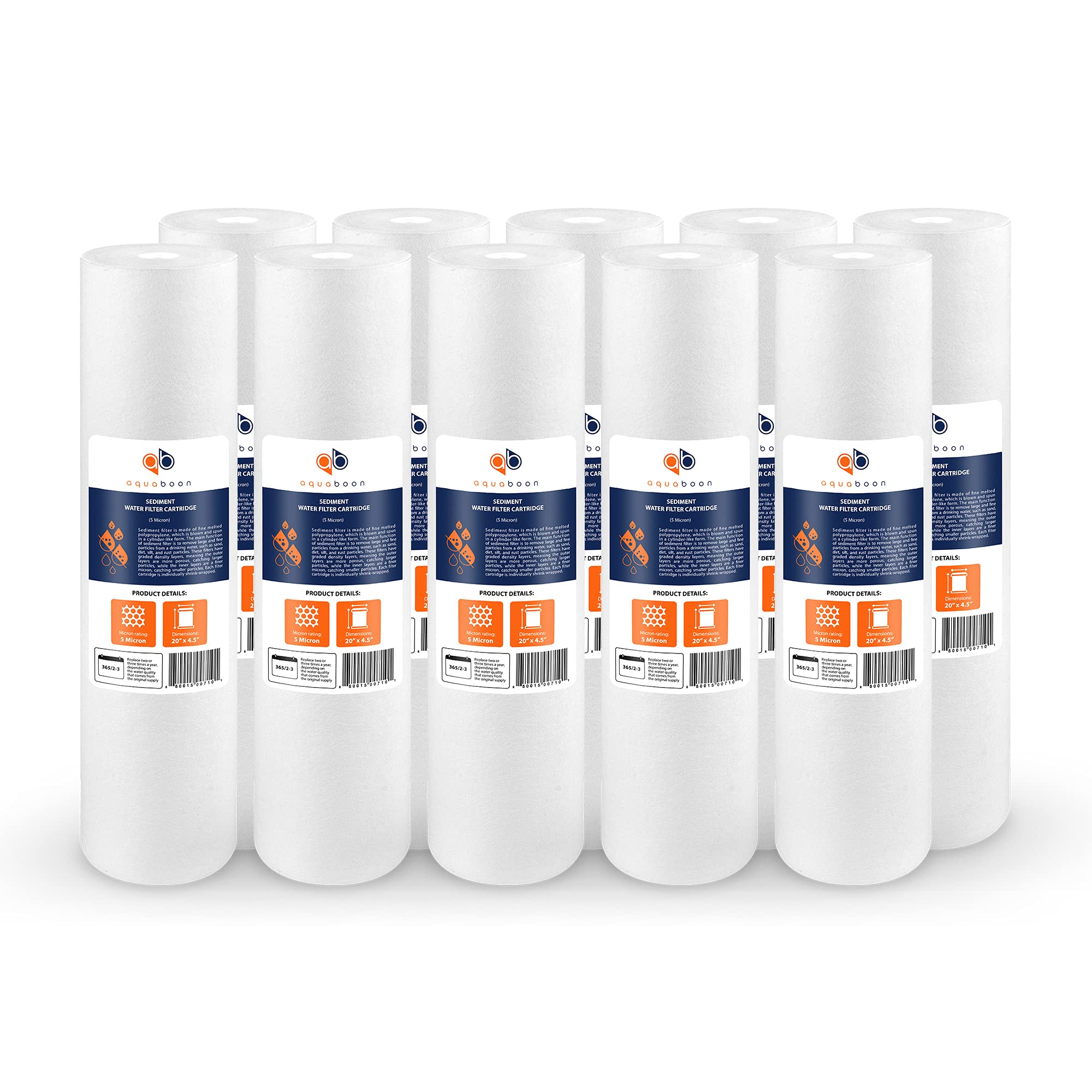 Aquaboon 5-micron sediment filter cartridge shown in 20x4.5 inch size for clear water.