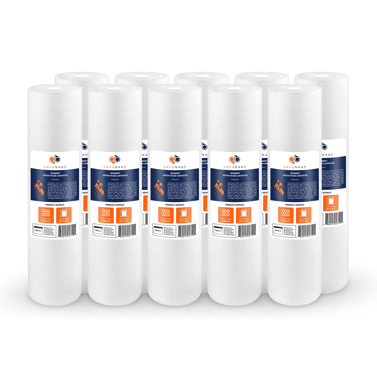 Aquaboon 5-micron sediment filter cartridge shown in 20x4.5 inch size for clear water.