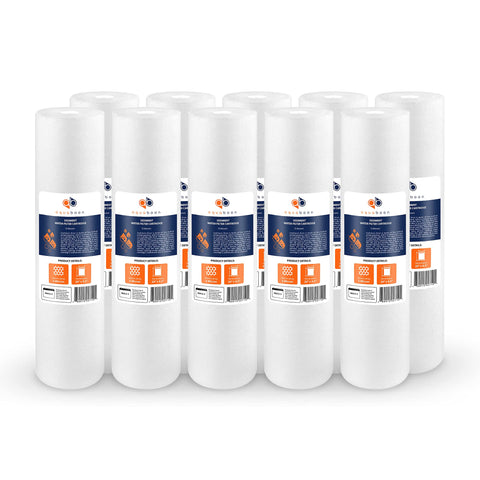 Aquaboon 5-micron sediment filter cartridge shown in 20x4.5 inch size for clear water.