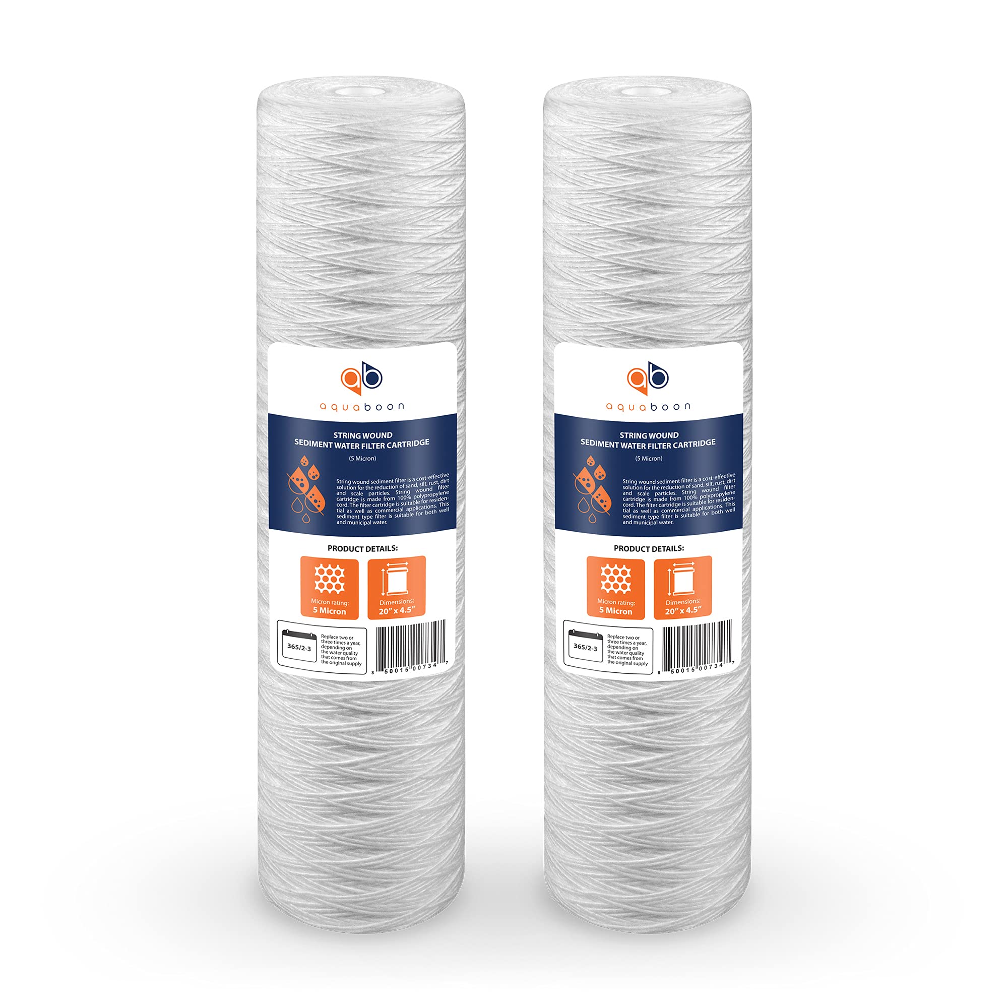 Aquaboon 5-micron well water filter cartridge for 20x4.5 inch housing with sediment protection.