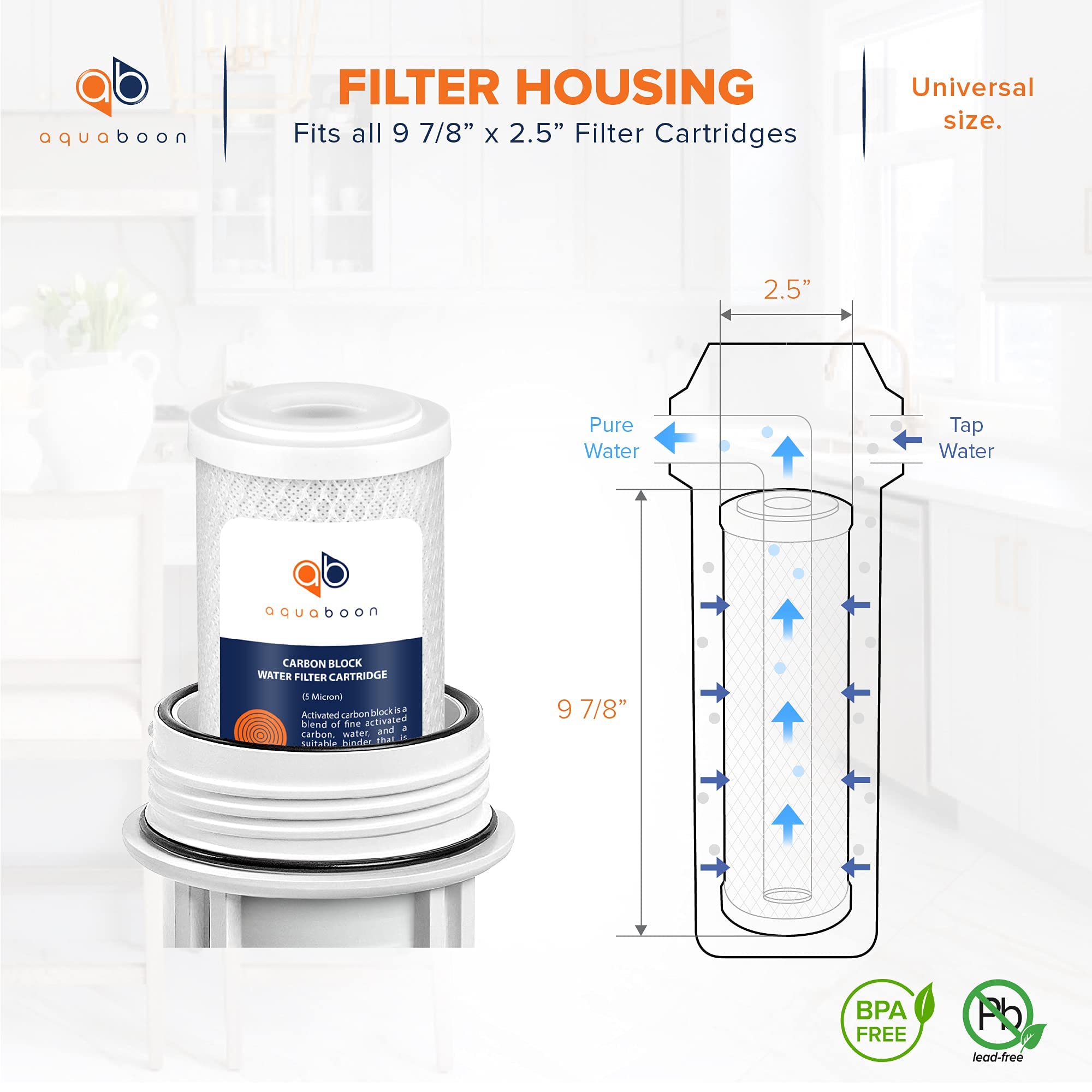 Aquaboon carbon-block filter packaging highlights easy home replacement.