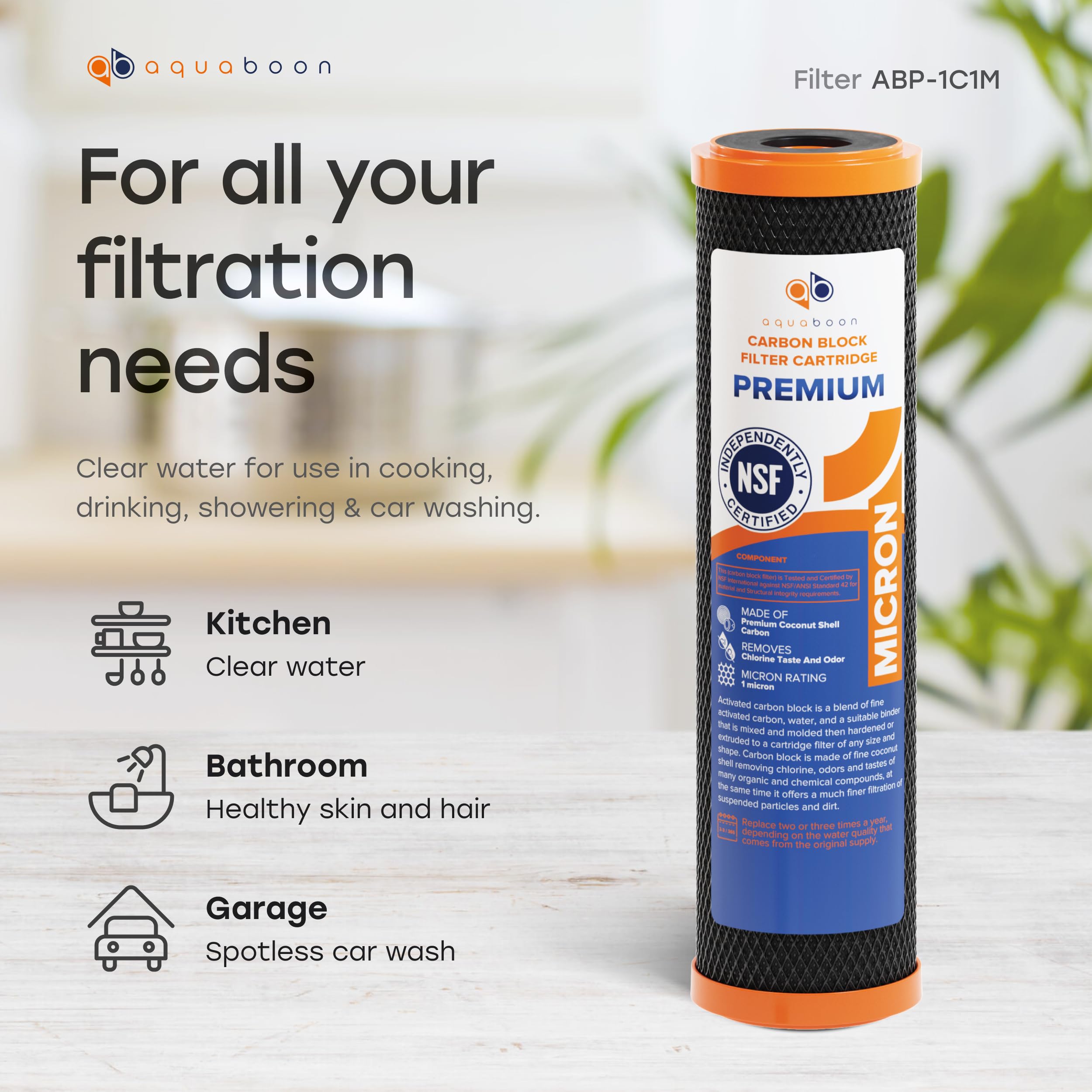 Aquaboon eco-friendly coconut carbon filter; reduces chlorine for better taste.