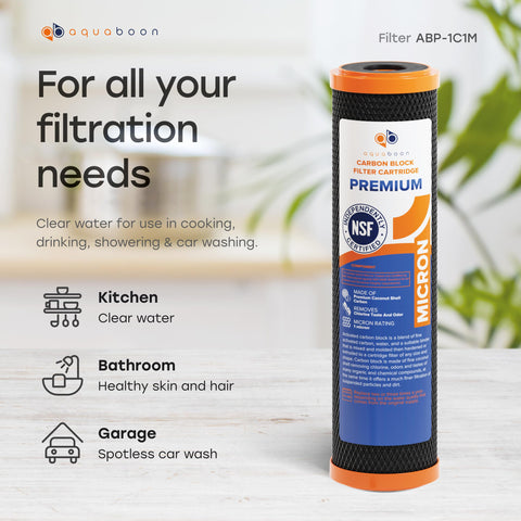 Aquaboon eco-friendly coconut carbon filter; reduces chlorine for better taste.