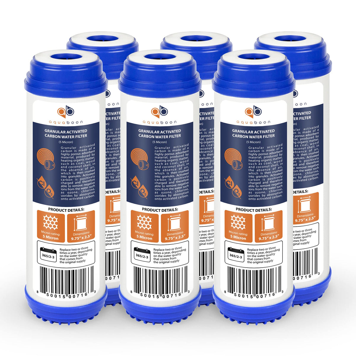 Aquaboon 10x2.5 inch GAC cartridge close-up with coconut carbon for chlorine reduction