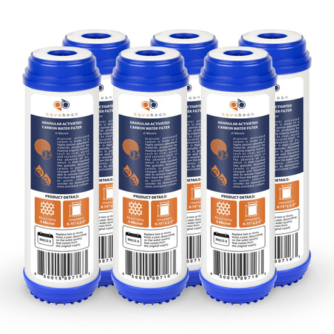 Aquaboon 10x2.5 inch GAC cartridge close-up with coconut carbon for chlorine reduction