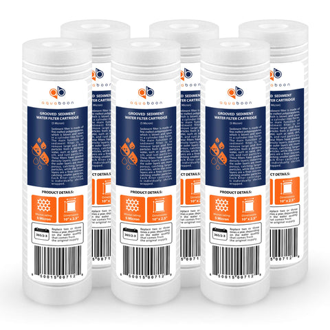 Aquaboon grooved 5-micron sediment filter close-up showing dirt capture for cleaner water
