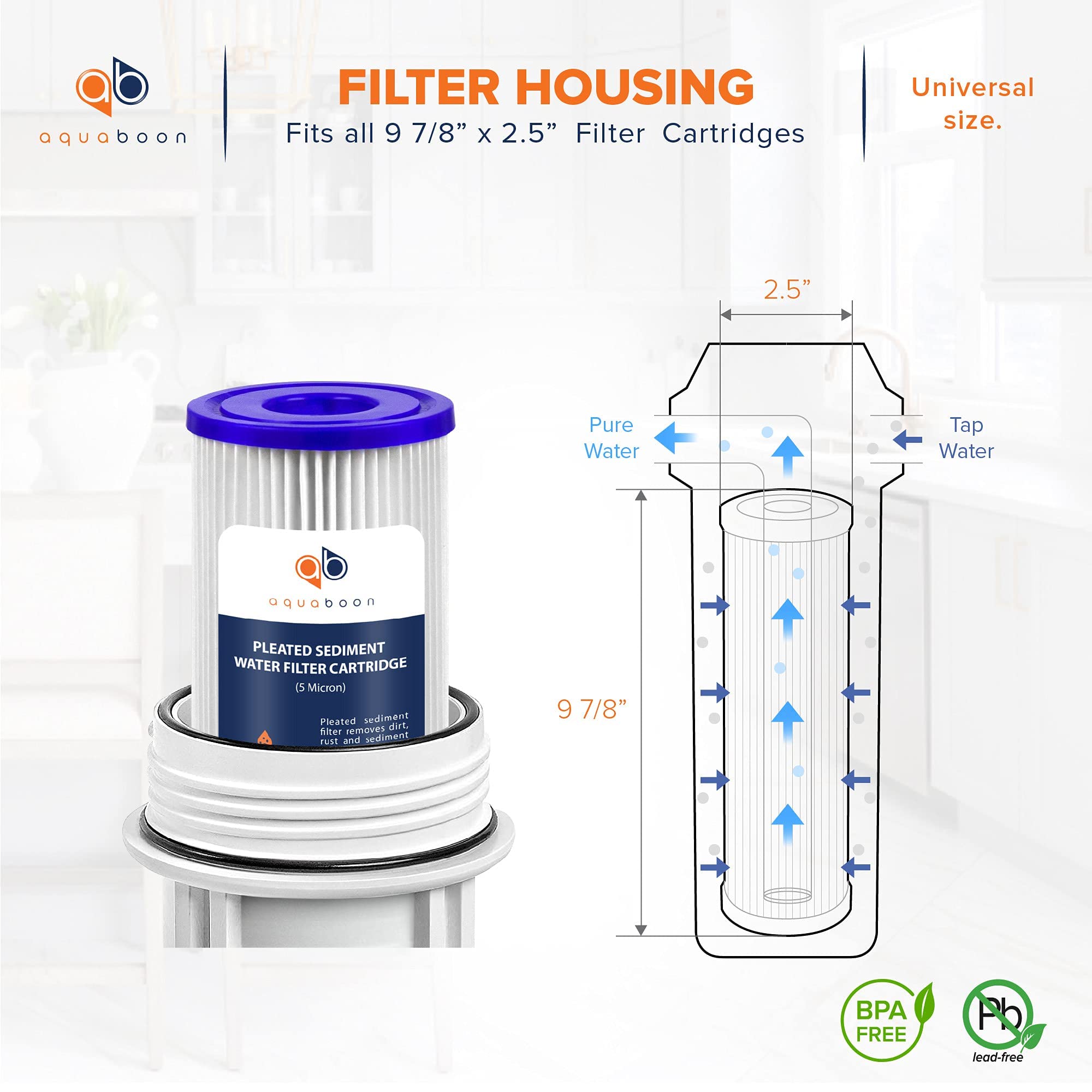 Aquaboon pleated 10x2.5-inch filter offers longer life and higher dirt-holding capacity.
