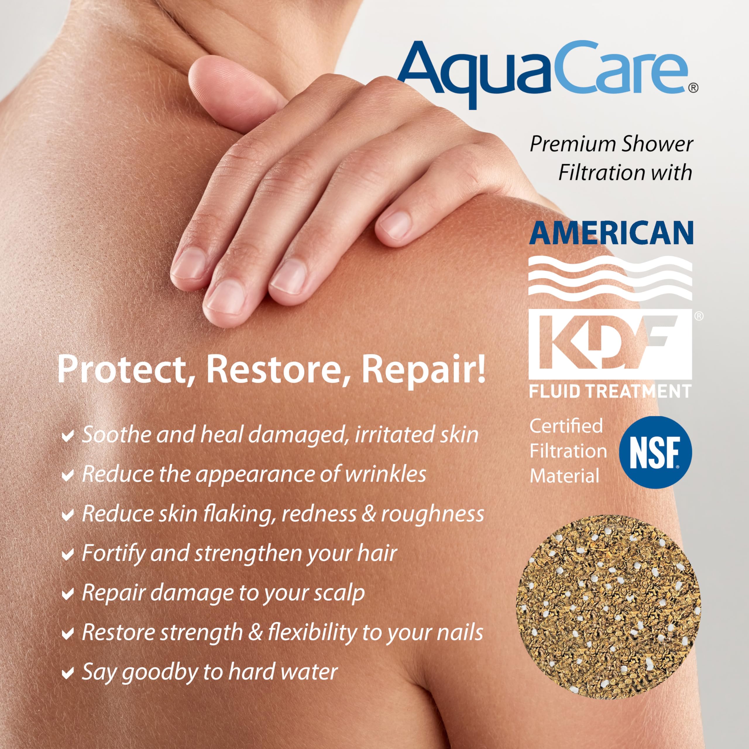 AquaCare chlorine-removal showerhead offers spa-like refreshment with filtered water.