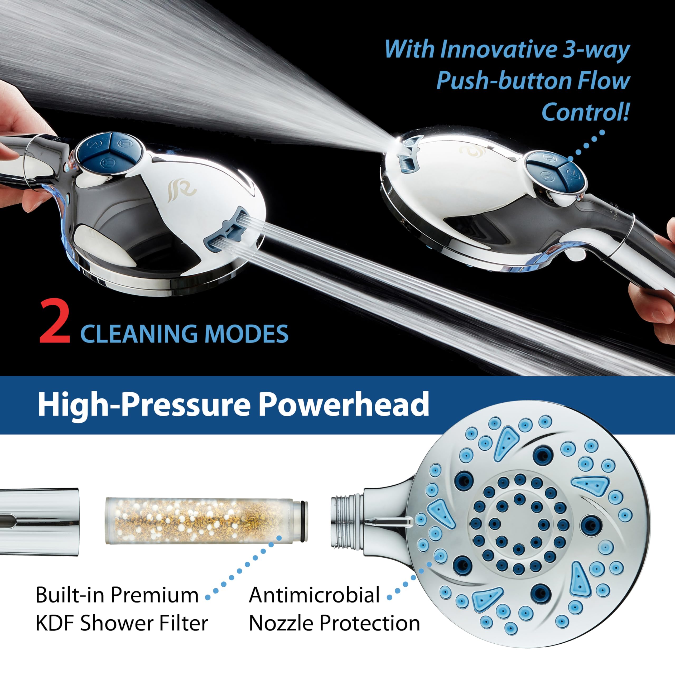 AquaCare chrome handheld showerhead with adjustable overhead bracket for flexible mounting.