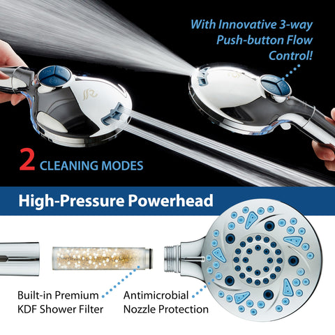 AquaCare chrome handheld showerhead with adjustable overhead bracket for flexible mounting.
