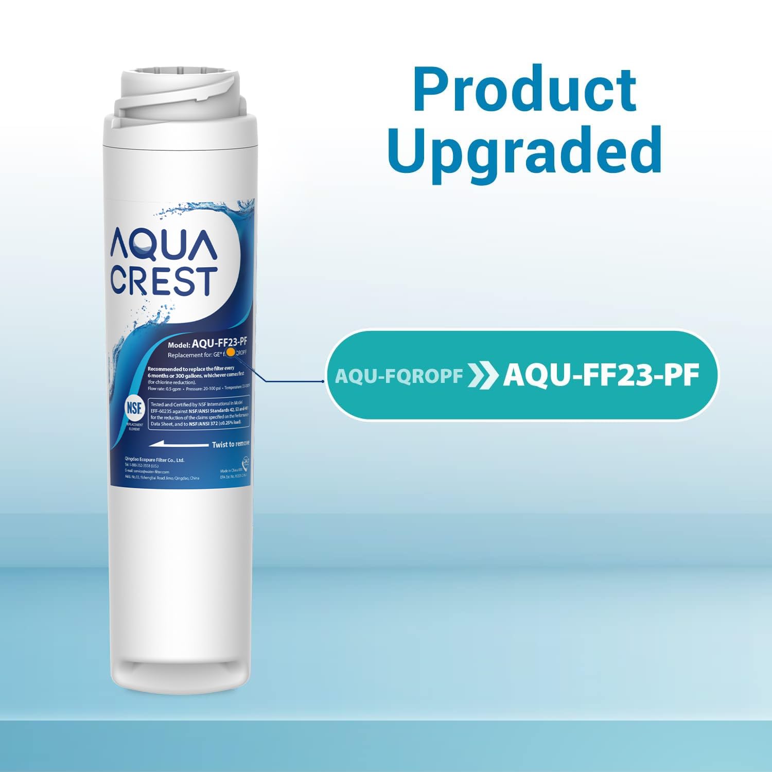 Aqua Crest NSF 42 filter removing chlorine for better-tasting tap water.
