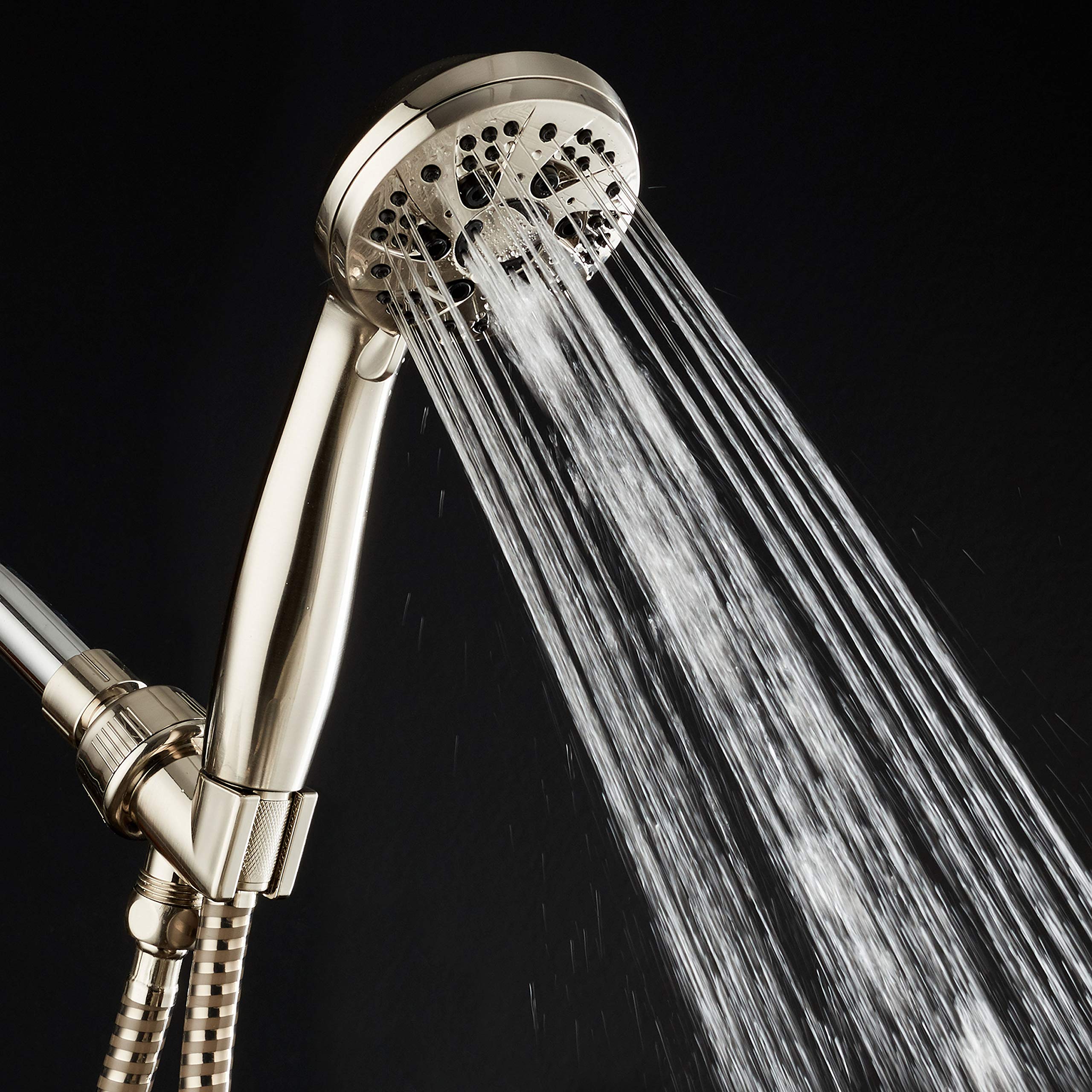 AquaDance angle-adjustable overhead bracket enabling hands-free showering