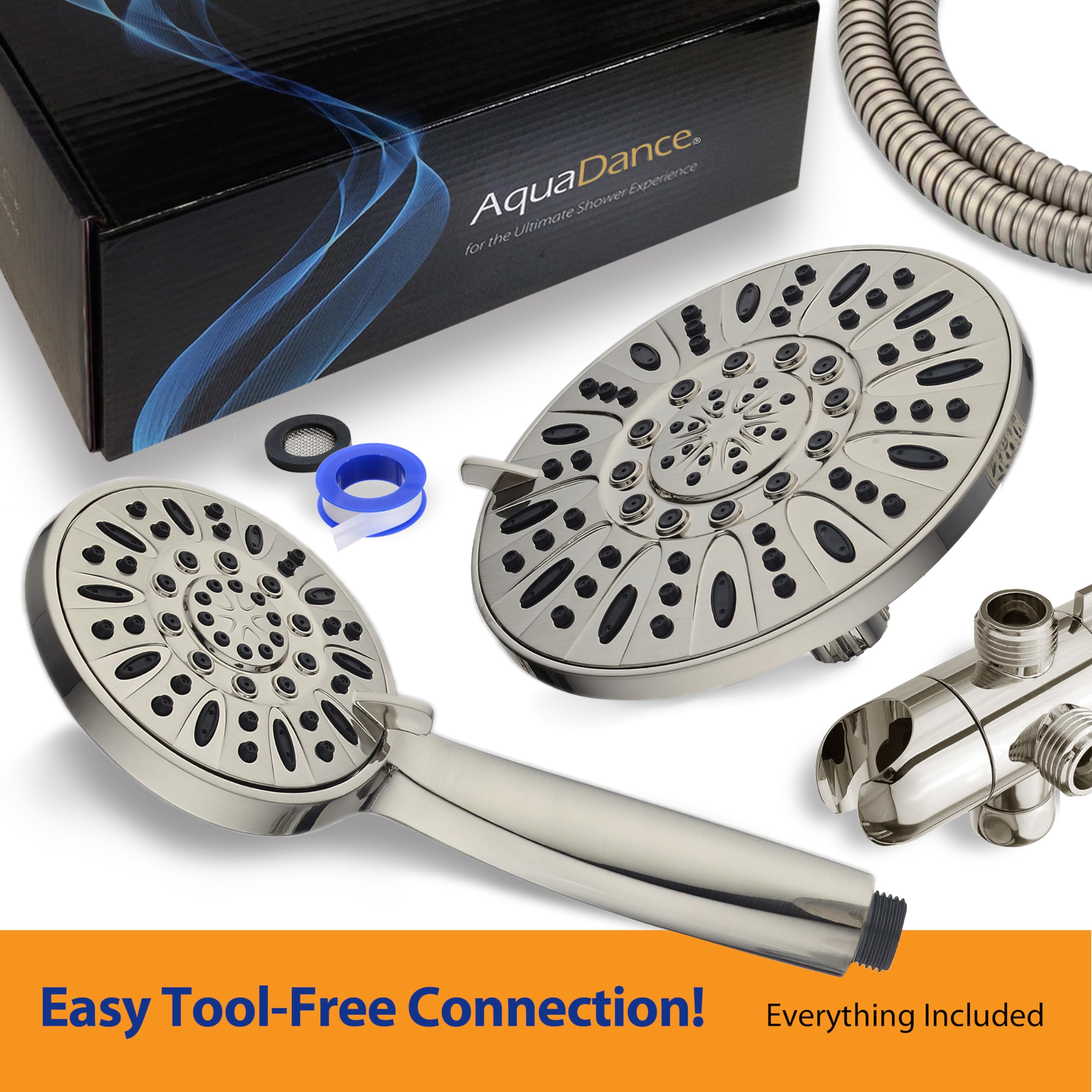 AquaDance angle-adjustable overhead bracket lets you aim the spray hands-free.