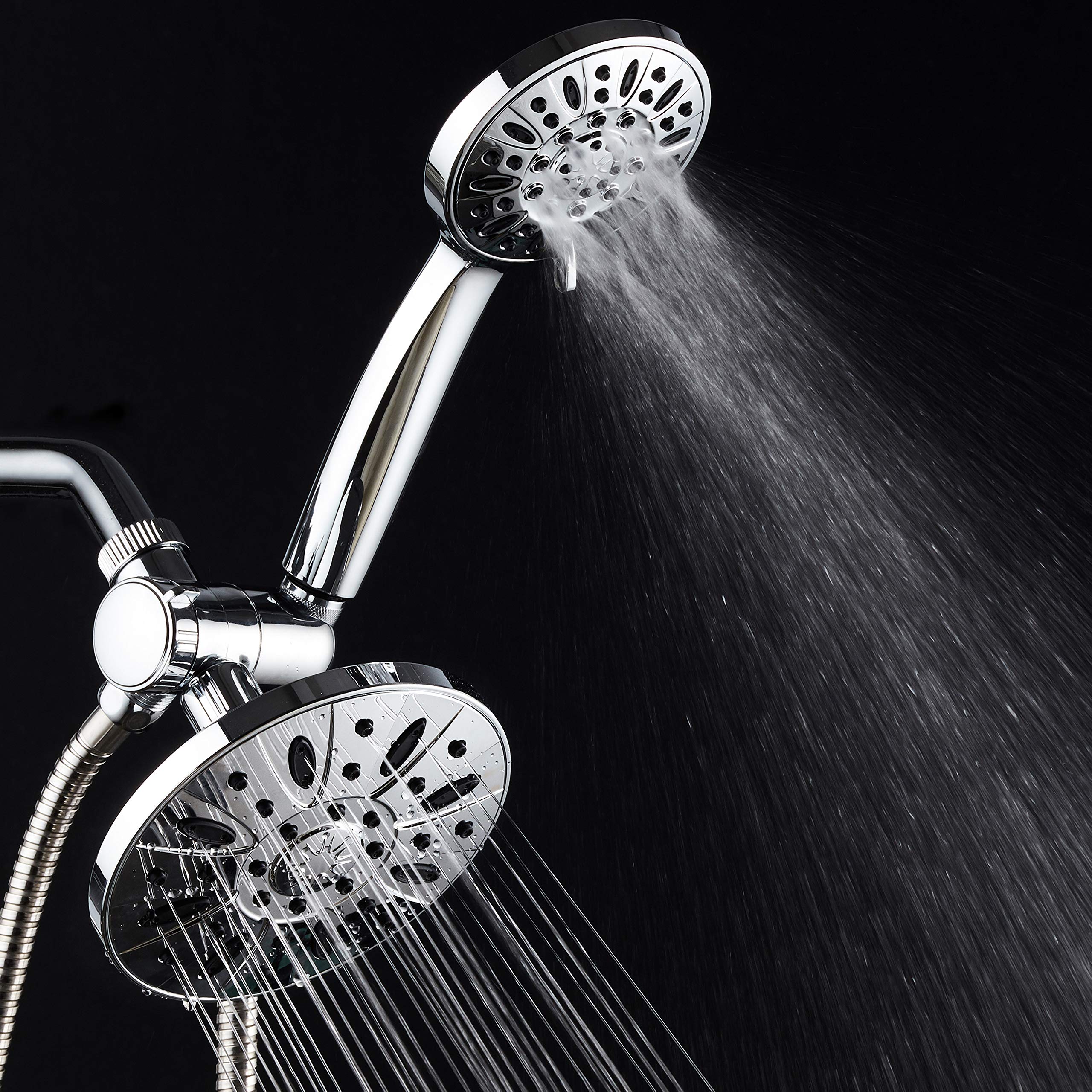 AquaDance angle-adjustable overhead bracket lets you aim the rain head precisely