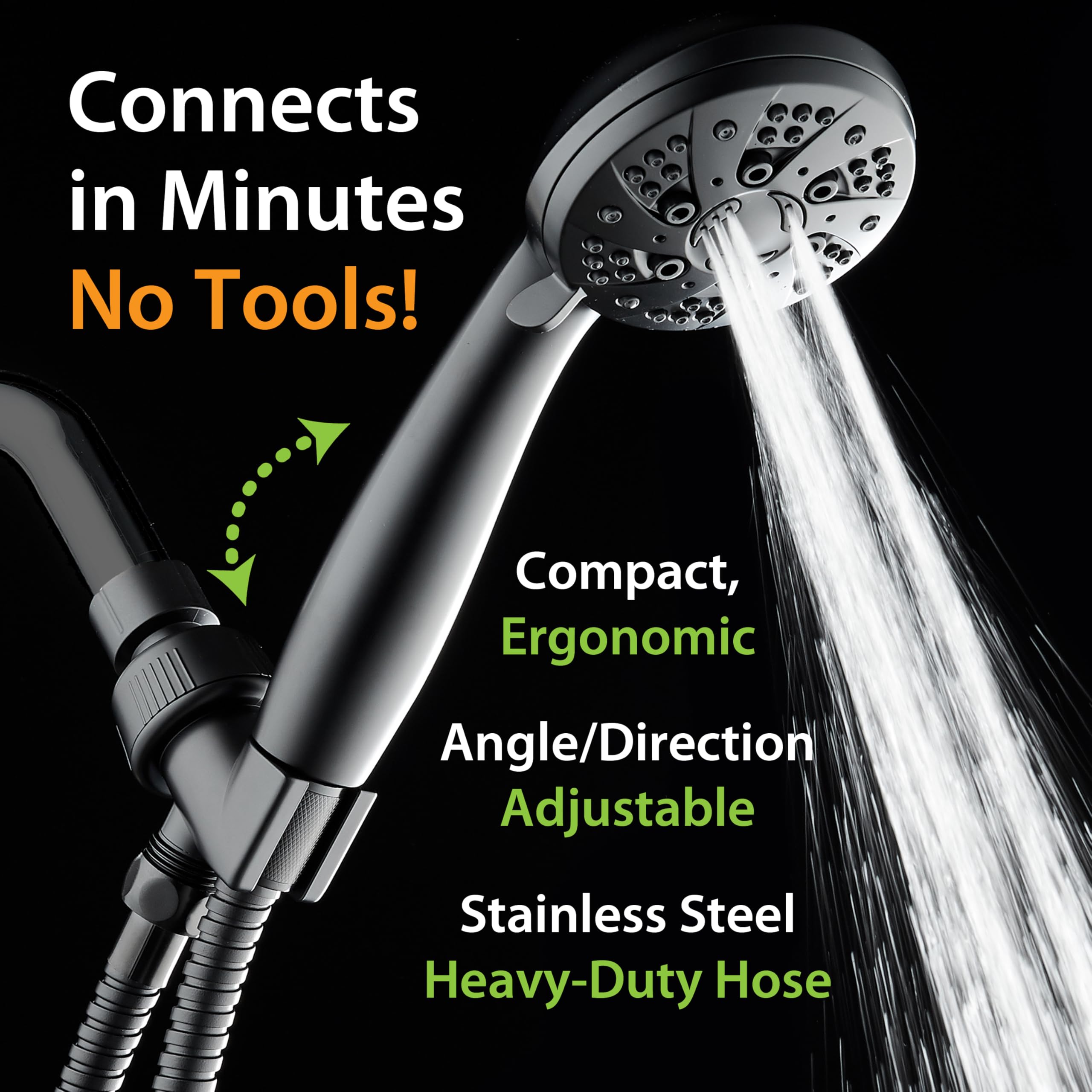 AquaDance handheld shower head in use with matte black finish and easy grip.