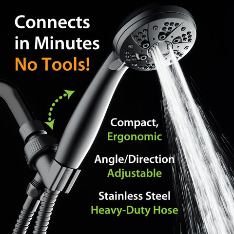 AquaDance handheld shower head in use with matte black finish and easy grip.