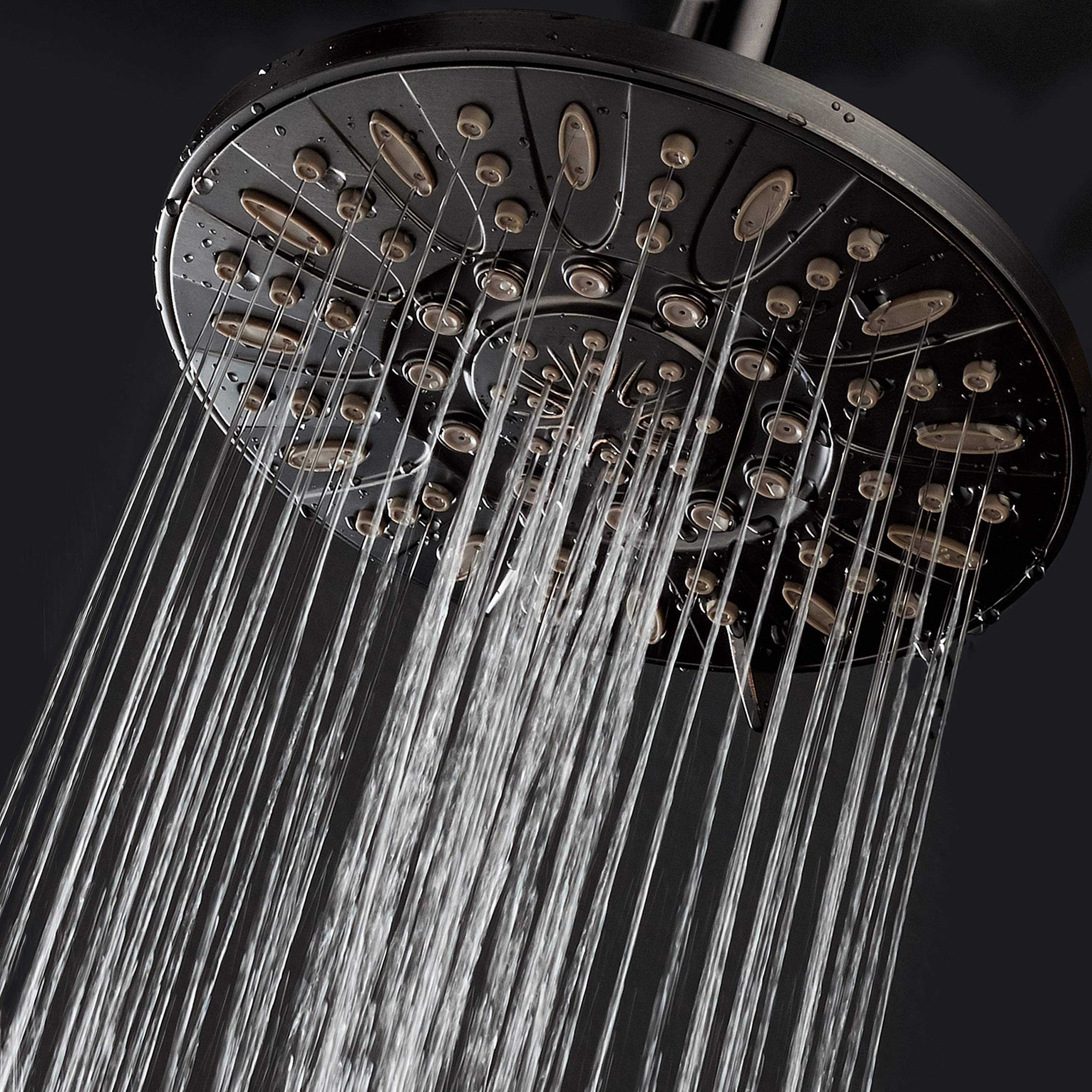 AquaDance oil rubbed bronze 7-inch rain head dial shows six easy spray options.