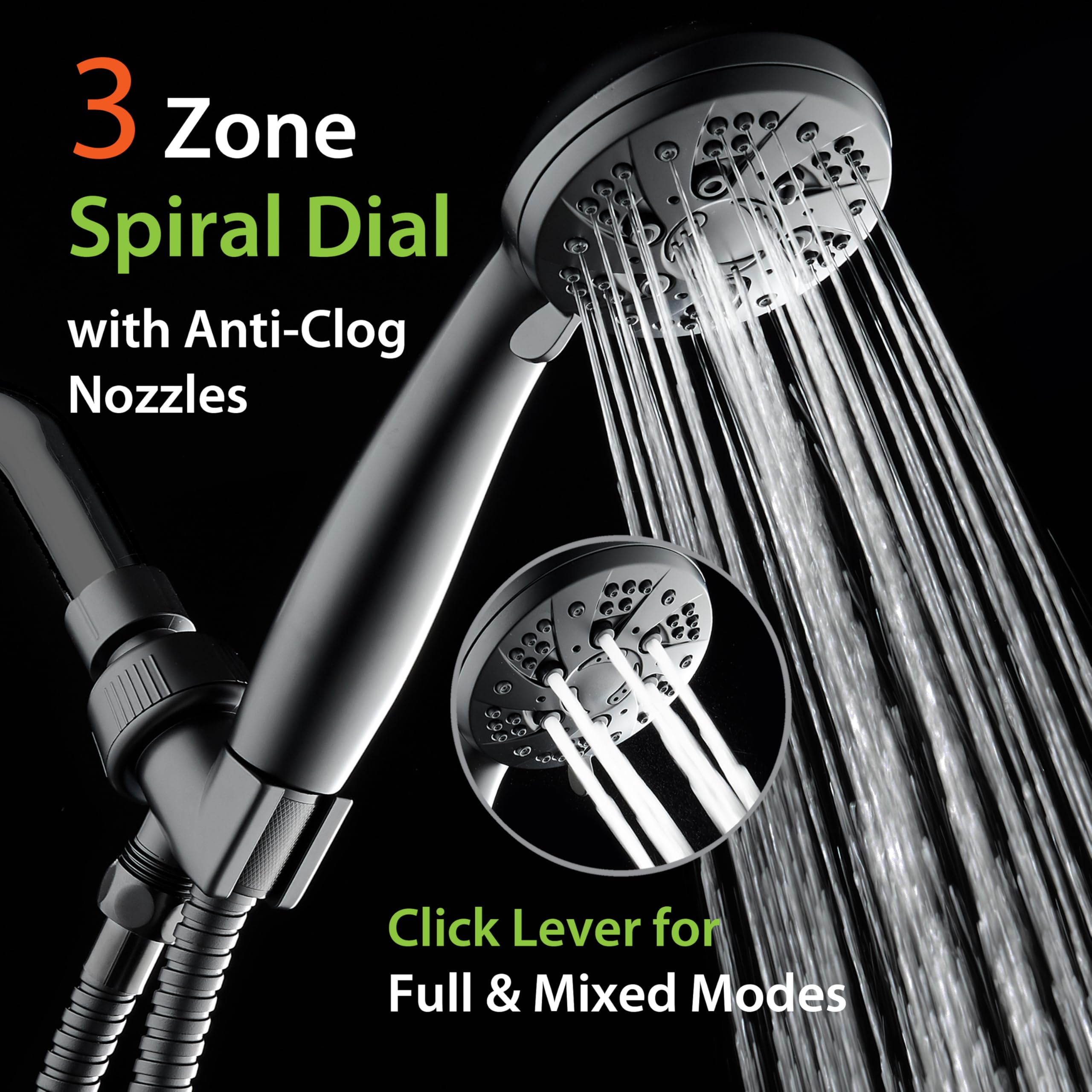 AquaDance shower head close-up in matte black shows nozzle design for optimized flow.