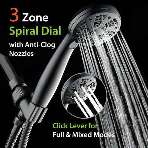 AquaDance shower head close-up in matte black shows nozzle design for optimized flow.