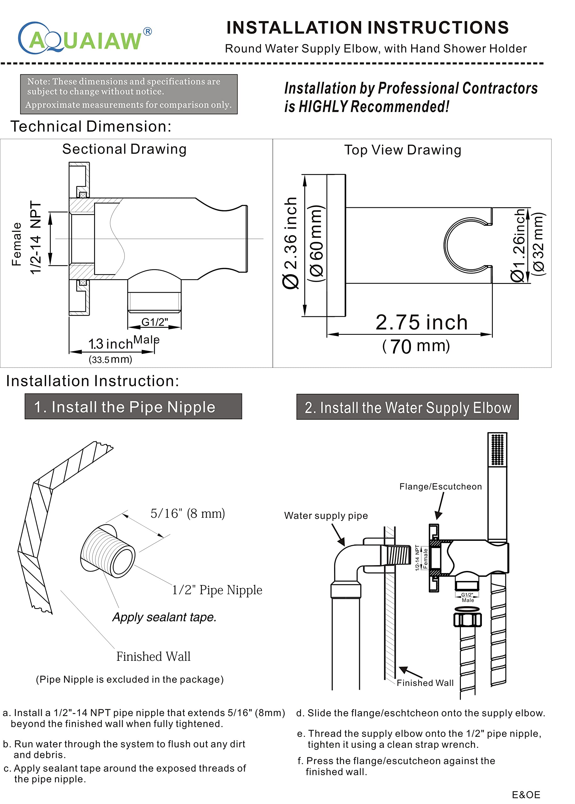 Round wall union with chrome bracket for handheld shower