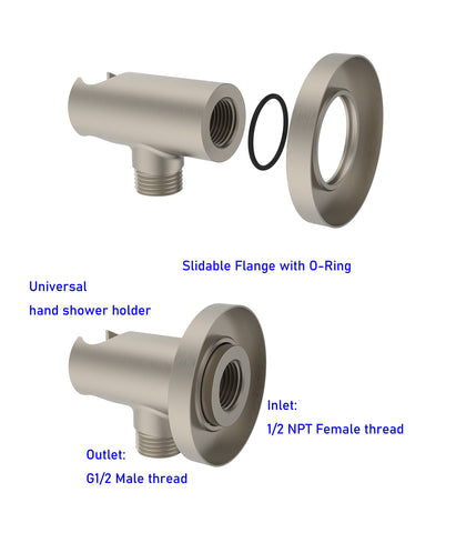 Aquaiaw wall supply elbow showing built-in handshower holder for easy access.