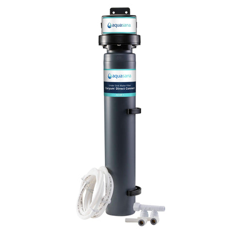 Aquasana under sink filter pour shows clean water flow for drinking and cooking.