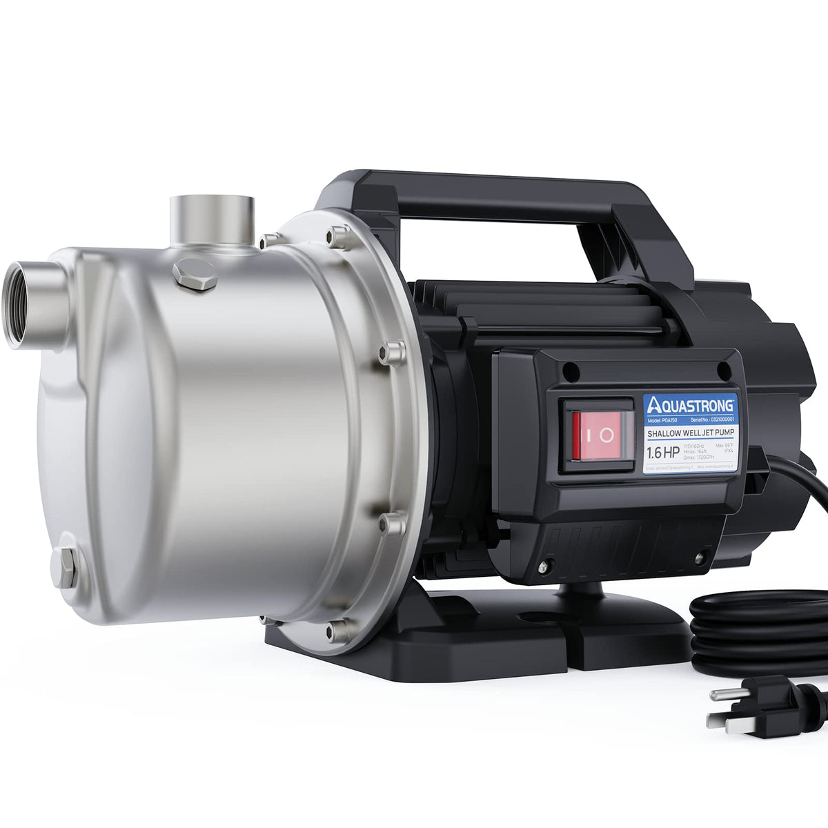 Aquastrong 1.6 HP portable shallow well pump front view for easy outdoor setup.